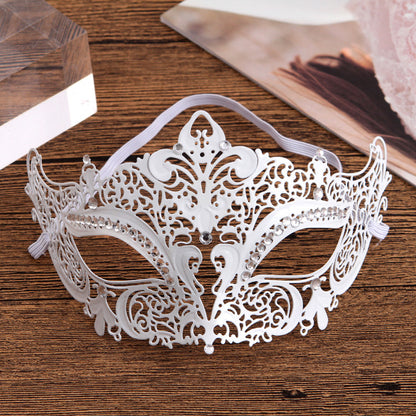 Iron Mask Metal Mask Cat Head White Metal Hollow Diamond Eye Mask